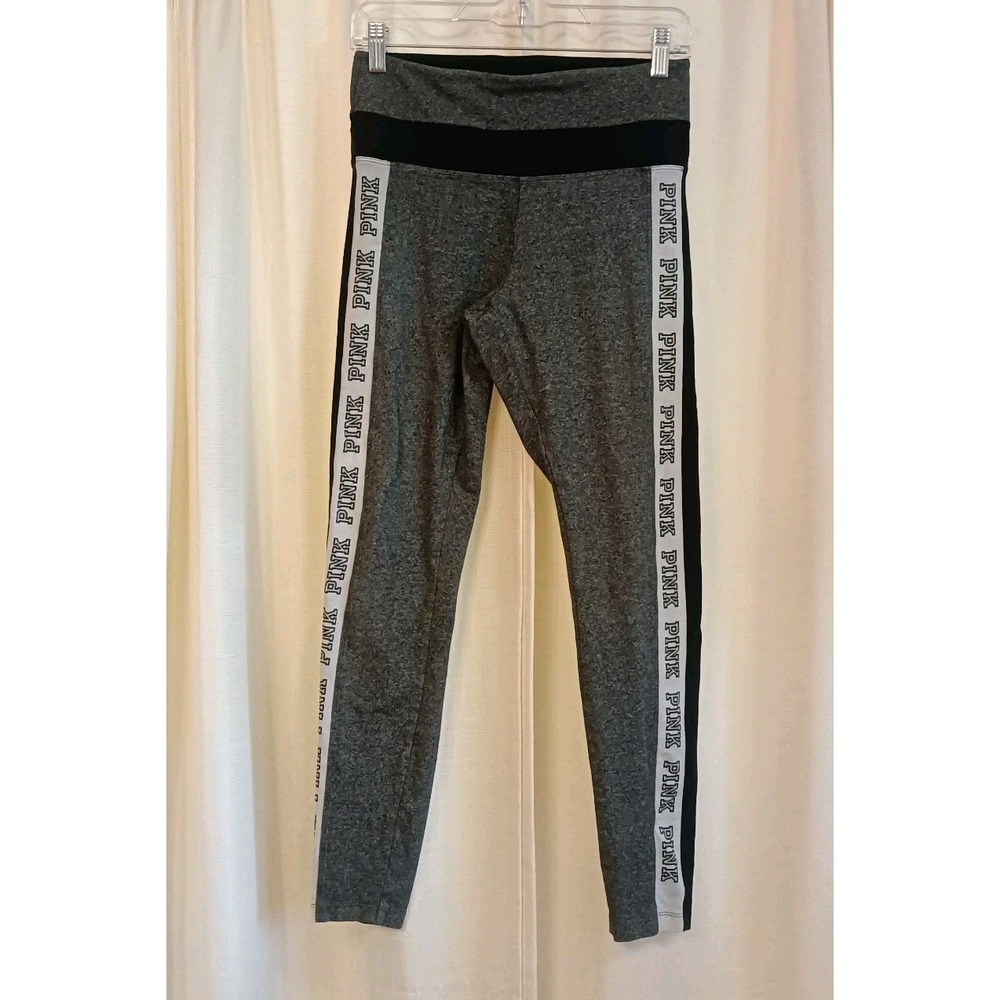 Victoria's Secret Pink Size M Yoga Athletic Leggings Gray Black Logo